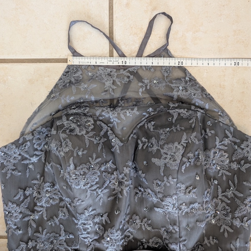 Size L/XL Beaded Grey Silver Cross-Back Mesh Boat Neck Formal Prom Dress Gown - Picture 12 of 15